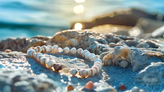 Shell bracelet on rocky shore with ocean background