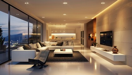 Contemporary living room at twilight