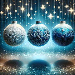 Three, Blue and white Ombr&eacute; Christmas Baubles, Glittering Ornaments, Twinkling Bokeh Lights, Glitter, Snow, Stars,