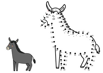 Dot to dot game for kids. Connect the dots and draw a cute donkey. Farm animal puzzle activity page. Vector illustration