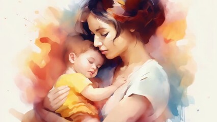 A mother tenderly holds her newborn baby in her arms.