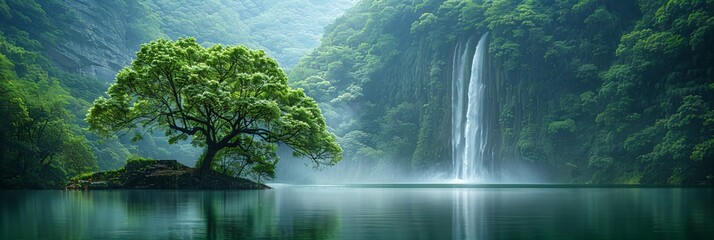 a fantastic waterfall in impressive green exotic nature with lake and mountains