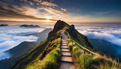 Paved foot path leading through mountain ridge above clouds level