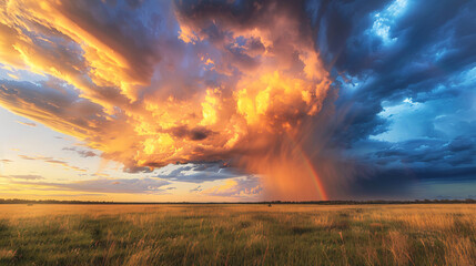 Obraz premium Stunning sight of a blazing sunset sky with striking clouds over a peaceful, open meadow