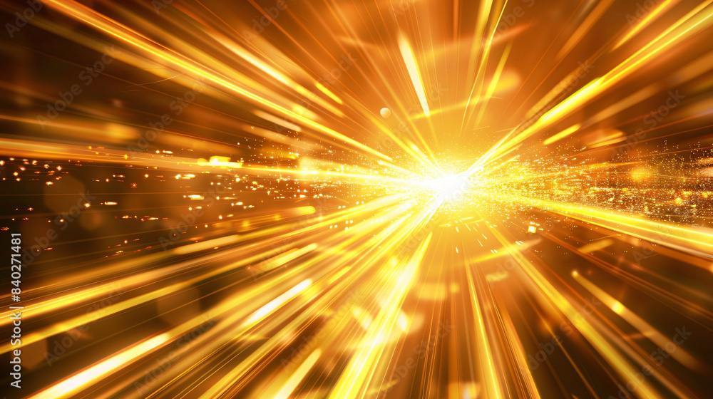 Poster abstract image of intense golden rays and particles zooming outward, depicting energy and movement