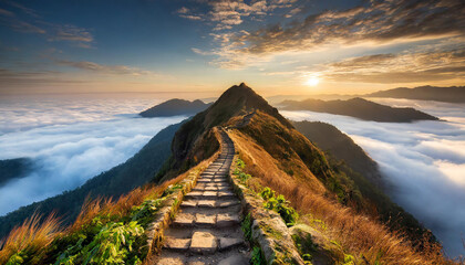 Paved foot path leading through mountain ridge above clouds level