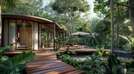 Tranquil Oasis Luxury Ecoresort Bungalow with Circular Wooden Deck Surrounded by Lush Foliage