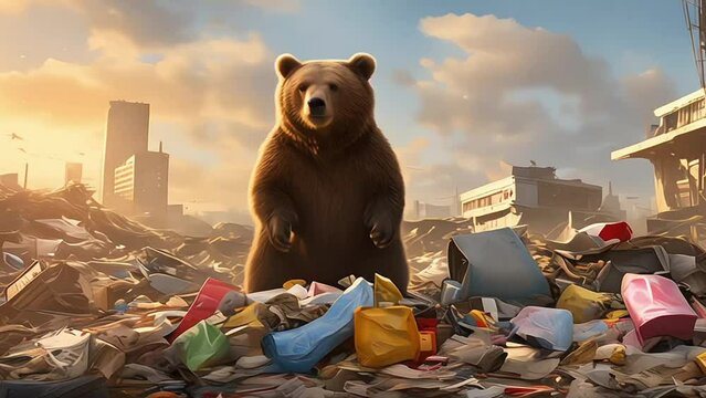 A hungry brown bear surrounded by plastic waste: bottles, bags. A bear is looking for food at a landfill. The concept of human influence on the world. A mountain of garbage in the background