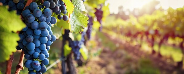 Fototapeta premium Close-up of blue grape cluster hanging on blurred Row of vineyards background. Grape farm. Plantation of grown fruits for juice, wine production. Ripe grape vine bunches on branch with leaves. Sunset.