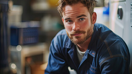 Obraz premium Portrait of a handsome young man working in a laundry room.