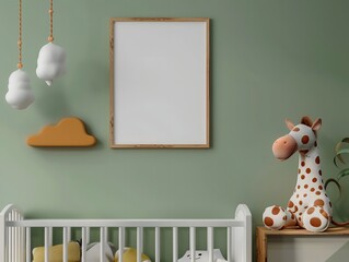 A giraffe is sitting on a wooden shelf next to a crib. The room is decorated with a giraffe and cloud toys
