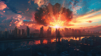 Digital artwork of a dramatic explosion at sunset over an urban skyline