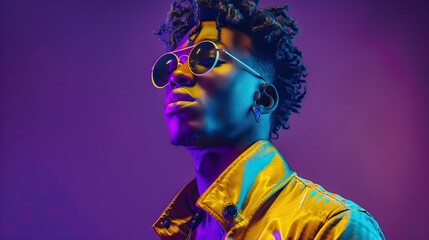 A man with sunglasses and dreadlocks is standing in front of a purple background. The image has a cool, futuristic vibe to it