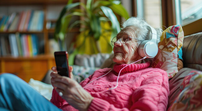 Elderly woman relaxing on the sofa, listening to music with headphones and holding an iPhone in her hand, enjoying leisure time at home