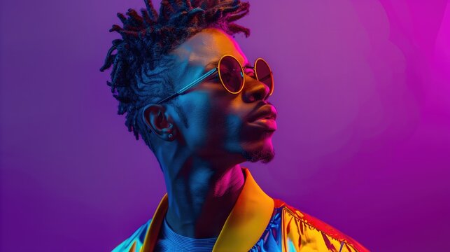 A man with dreadlocks and sunglasses is standing in front of a purple background. The image has a vibrant and energetic feel to it, with the man's outfit