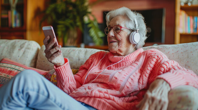 Elderly woman relaxing on the sofa, listening to music with headphones and holding an iPhone in her hand, enjoying leisure time at home