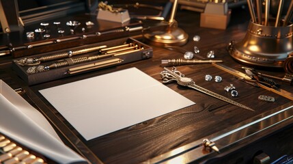 Exquisite Craftsmanship Luxury Jeweler's Workbench with Diamonds Gold Bars and Fine Jewelry Tools Business Card Mockup and Copy Space for Your Branding Design