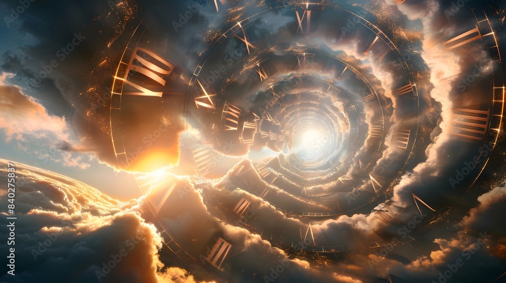 Poster a clock with the numbers 1 to 12 is shown in the sky. the sky is filled with clouds and the sun is s