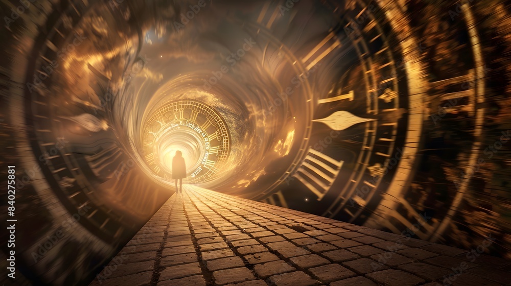 Poster a person is walking down a tunnel with a clock on the wall. the clock is showing the time as 11:00