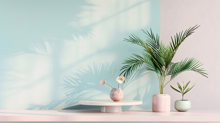 Minimalist pastel blue and pink interior with plants and table decor, creating a serene and modern atmosphere.