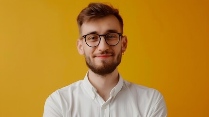 Obraz premium Confident Young Finance Professional Smiling at Work on Vibrant Background