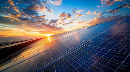 Obraz premium Wide-angle shot of solar panels with sunset sky backdrop