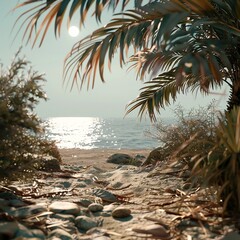 Fototapeta premium boho style, greek style, abstract, beach, leave, sea, daytime, sun, estepona, ultra realistic, soft lighting, sharp image, ultra high definition, 8k detailed, cinematic render, cinematic lighting, hig
