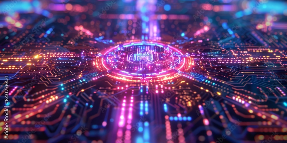 Poster Glowing Neon Circuit Board Hub With Interconnected Lines