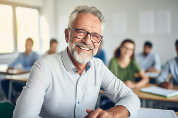 Fototapeta premium Portrait of happy middle aged male teacher smiling at the camera in classroom generative AI