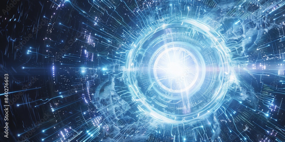 Poster glowing energy core surrounded by swirling circuits in a futuristic setting