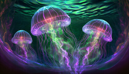 Fototapeta premium A group of jellyfish swim gracefully beneath water sunlit surface