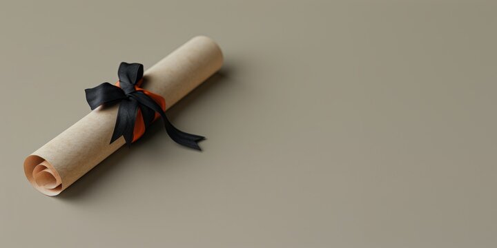 Elegant Certificate Roll with Black and Orange Ribbon on Neutral Background