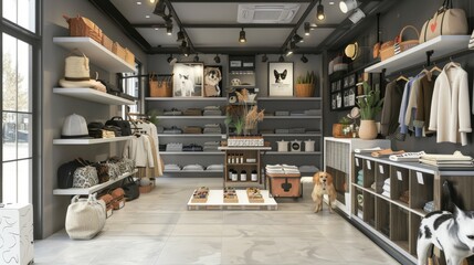 Fototapeta premium Chic Pet Boutique Designer Fashion Organic Treats and Luxury Accessories with Blank Business Cards at Checkout
