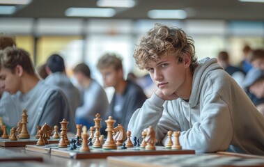 Focused Teenage Boy at Chess Tournament Concentrating on Next Move