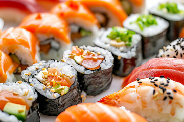 Picture banner of asian food tasty sushi generated with ai isolated on white color background