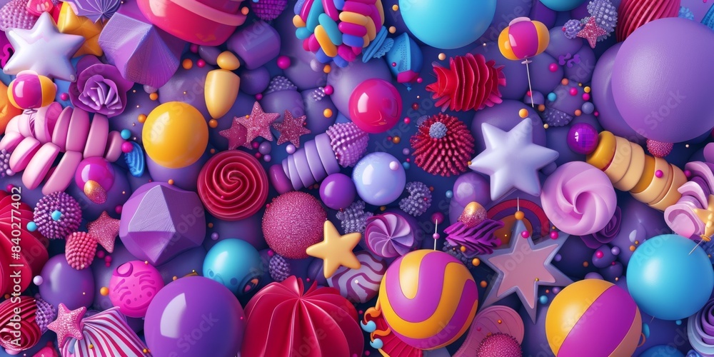 Poster colorful 3d shapes and patterns on a purple background