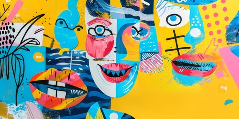 Colorful Abstract Cartoon Faces Collage On Yellow Wall
