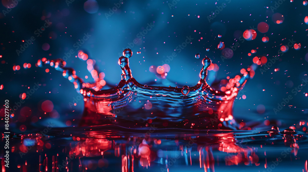 Poster high-speed photography captures a water drop splash resembling a crown, illuminated by blue and red 