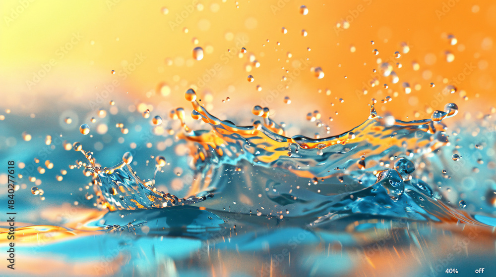 Poster macro shot of dynamic water splashes with vivid blue and orange hues