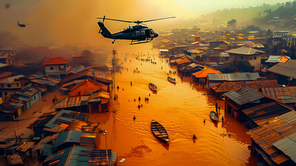 Flooded Street in Sri Lanka with Rescue Efforts