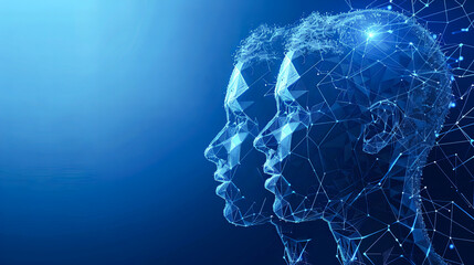 Artificial intelligence (AI), machine learning and neural networks concept. Wireframe low polygonal human head on blue background