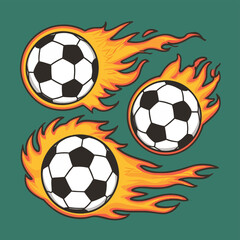 A set of three templates with soccer balls and flames. Elements for design. Colored vector illustration

