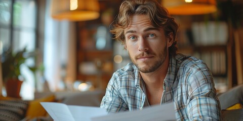 In a modern restaurant, a handsome young man in a checked shirt sits reading a menu, looking pensive yet photogenic. - Powered by Adobe