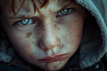 Generative AI illustration of small crying child in damaged city house ruins suffering from loneliness war