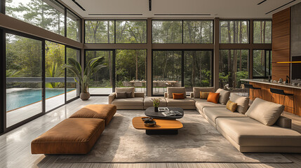 Fototapeta premium A minimalist residential home features clean lines and floor-to-ceiling windows, with open-plan interiors and seamless indoor-outdoor flow 