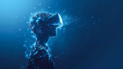 Virtual reality headset or 3d glasses over dark blue background with lines and particles