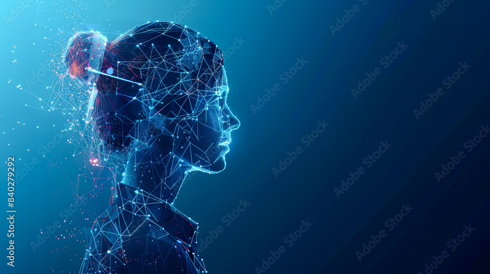 Poster 3d rendering of artificial intelligence ai concept. polygonal wireframe human head on blue backgroun