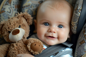 Beautiful lovely baby in carriage or carseat spending family time traveling or promenading, Generative AI