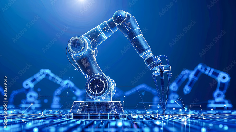 Poster robotic arm on blue background. artificial intelligence concept. 3d rendering
