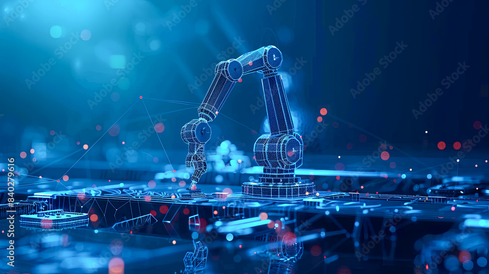 Poster 3d rendering robotic arm on circuit board background, artificial intelligence concept